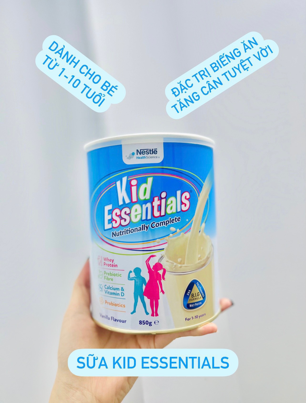 Sữa bột Kid Essentials hộp 850g 1-10 tuổi - Mẫu mới